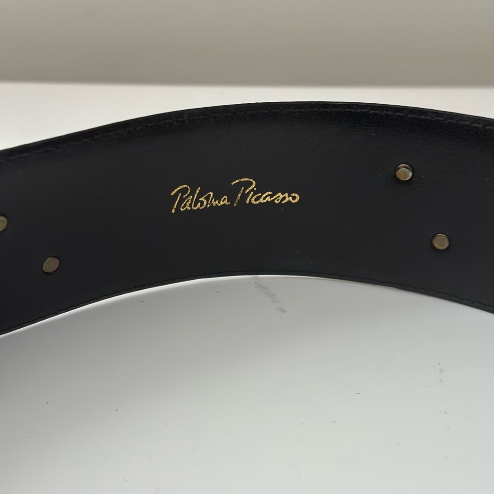 Vintage Paloma Picasso Black Leather Wide Waist Belt Gold Tone X Hardware Size S - Picture 8 of 11